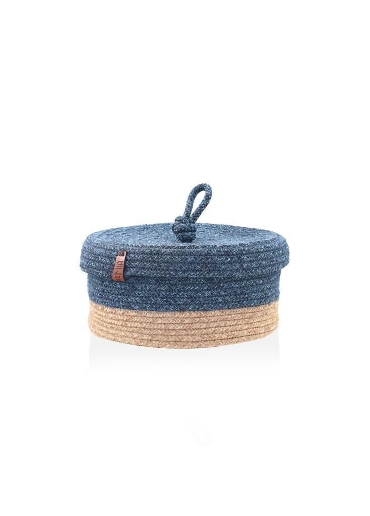 LACİVERT BAMBU JÜT YUVARLAK KAPAKLI SEPET 25X15CM