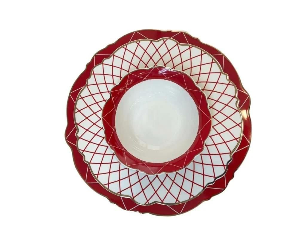 KIRMIZI BEYAZ ÇİZGİLİ 6 KİŞİLİK-24 PARÇA YEMEK TAKIMI
