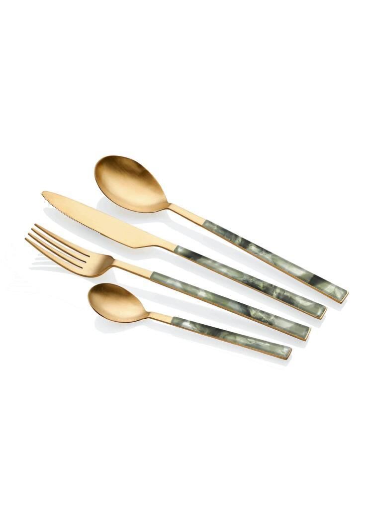 YEŞİL ALTIN MERMER DESEN 24 PARÇA ÇATAL KAŞIK BIÇAK SETİ