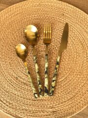 YEŞİL ALTIN MERMER DESEN 24 PARÇA ÇATAL KAŞIK BIÇAK SETİ