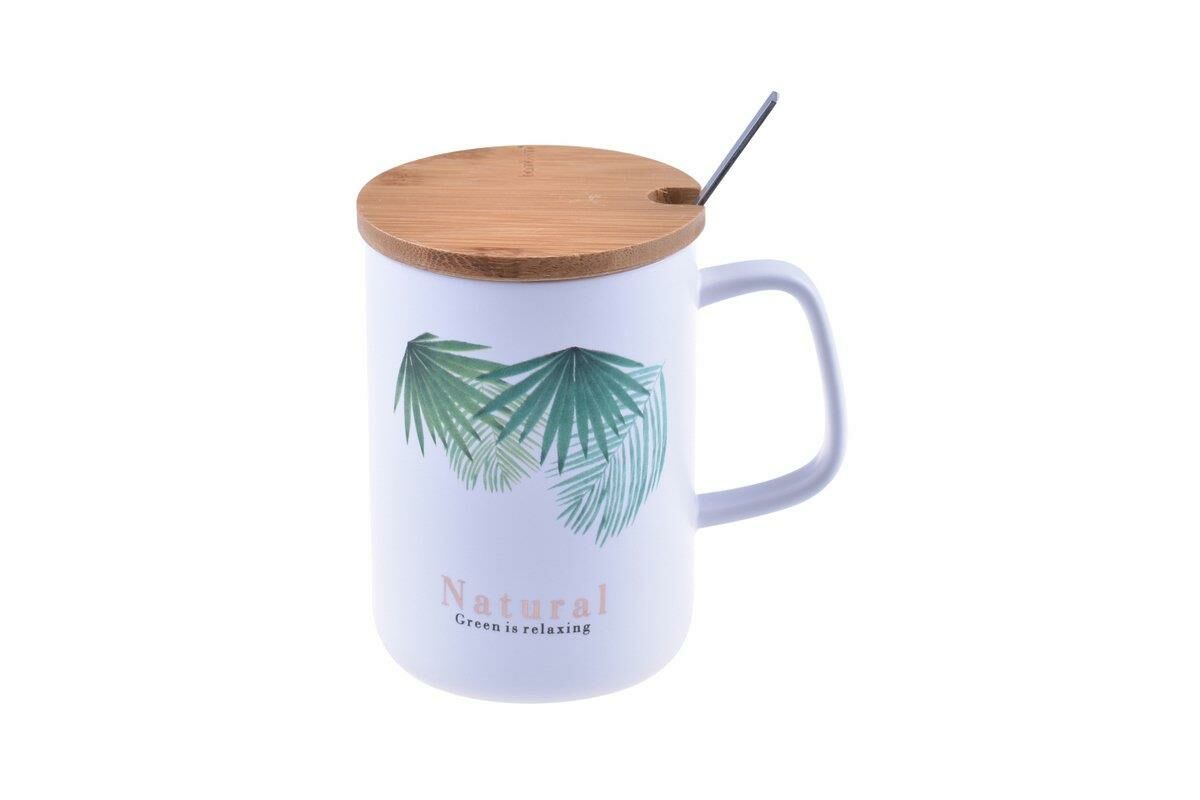 BATİDO - BAMBU KAPAKLI PORSELEN KUPA YAPRAK DESEN1