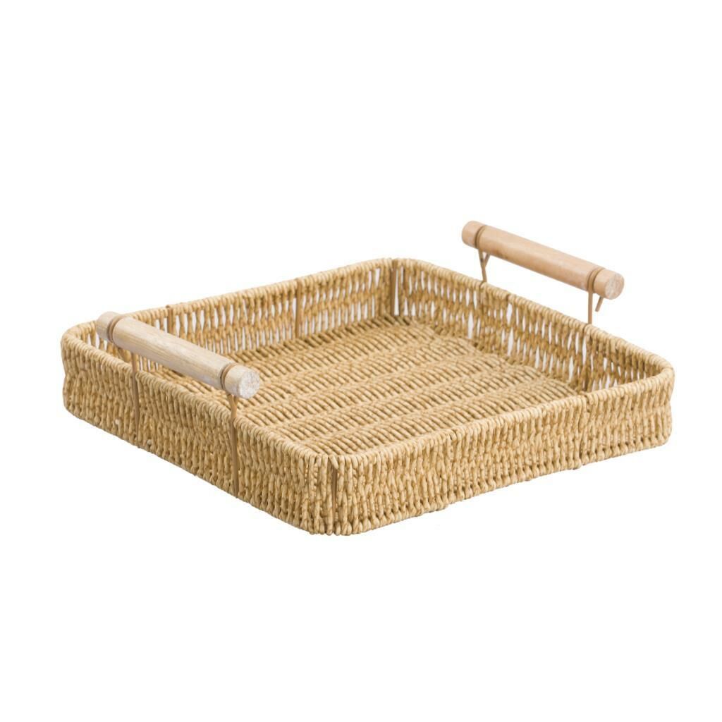 SENTETİK HASIR KARE AHŞAP KULPLU TEPSİ 35X35CM