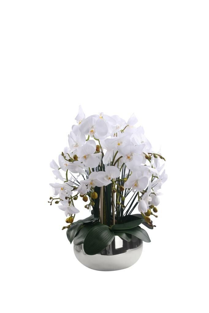 METAL GÜMÜŞ SAKSILI YAPAY ORKİDE 64CM