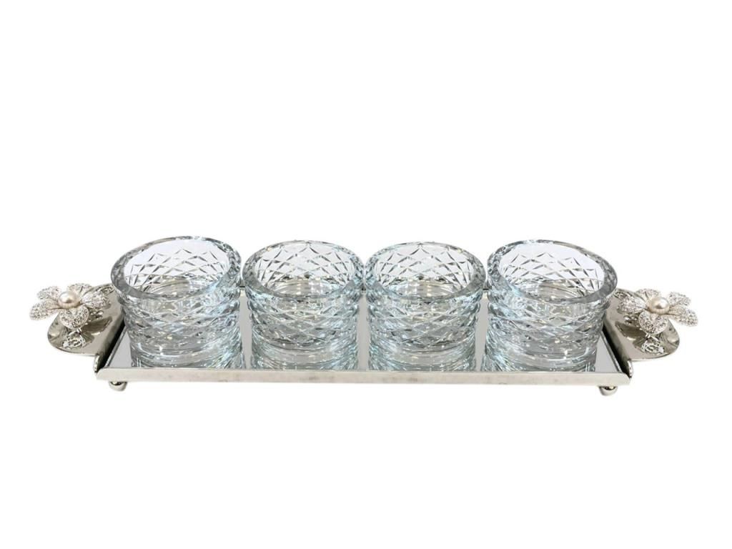 ÇİÇEKLİ TEPSİLİ 4'LÜ REÇELLİK/İKRAMLIK SET GÜMÜŞ