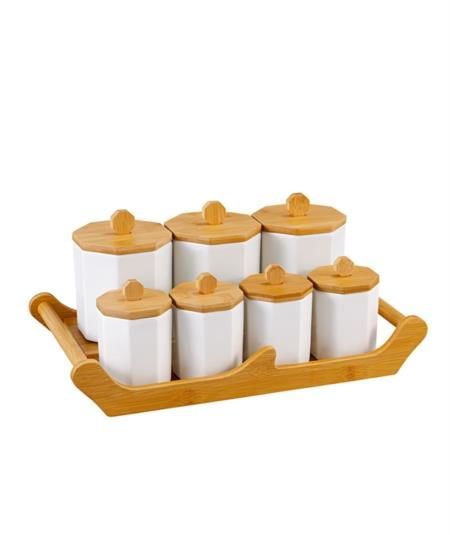PORSELEN BAMBU KAPAKLI STANDLI 7'Lİ BAHARAT TAKIMI