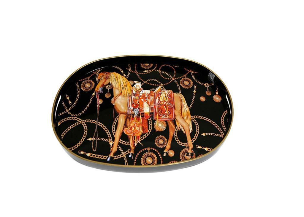 AT DESENLİ SİYAH OVAL TEPSİ 50X34CM