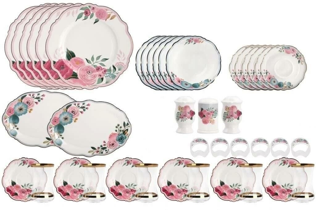 FUŞYA ÇİÇEK DESEN 6 KİŞİLİK 42 PARÇA KAHVALTI TAKIMI