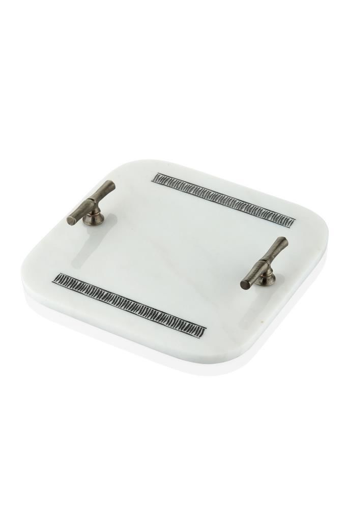 EVZA MERMER BEYAZ KARE DEKORLU TEPSİ 30CM