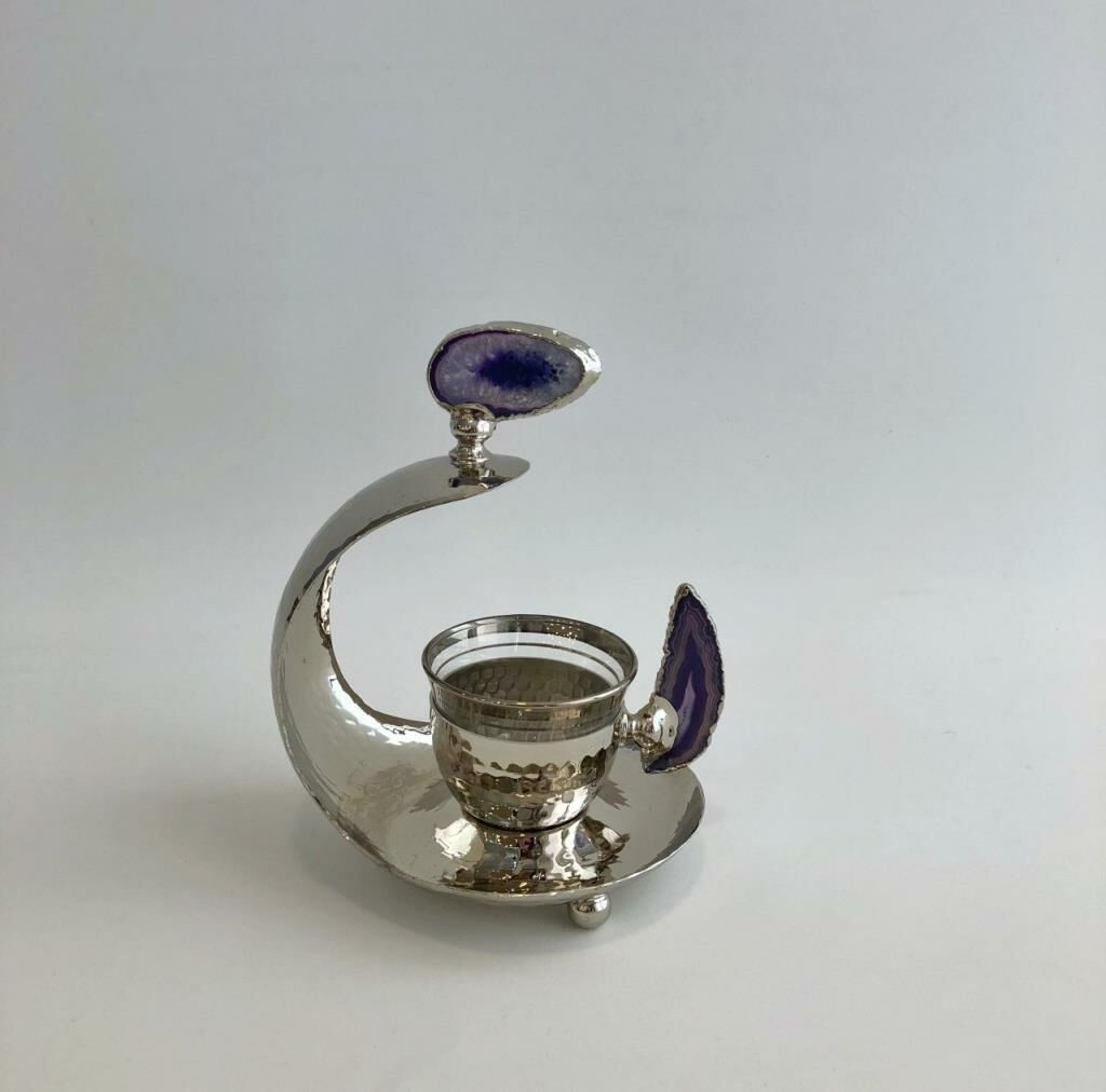 DOĞAL TAŞLI GÜMÜŞ TEK KİŞİLİK HİLAL KAHVE SETİ