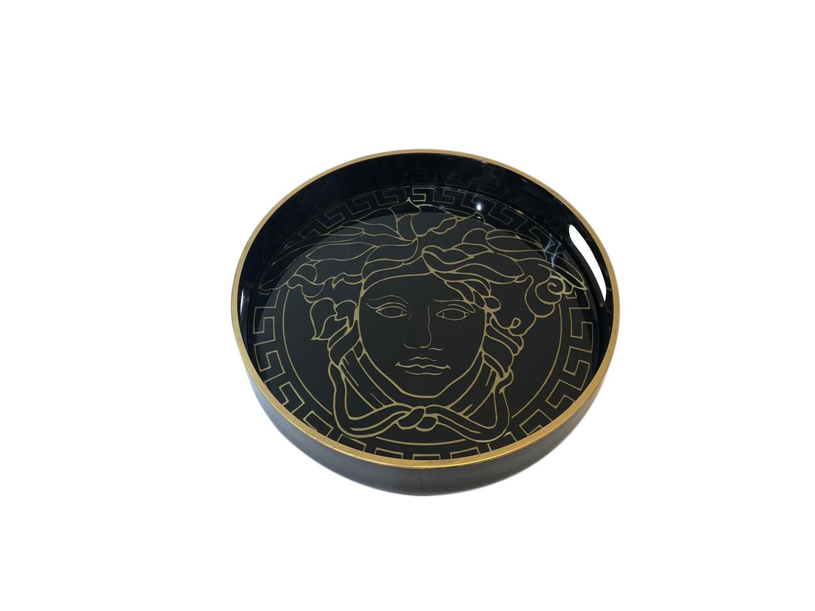 SİYAH VERSACE DESEN YUVARLAK TEPSİ 29cm