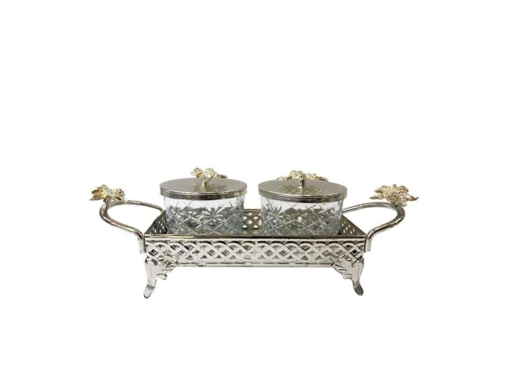 AYNALI TEPSİLİ 2'Lİ REÇELLİK/BAHARATLIK/İKRAMLIK SET GÜMÜŞ