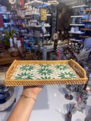 YEŞİL ÇİÇEK DİKDÖRTGEN 2'Lİ RATTAN TEPSİ