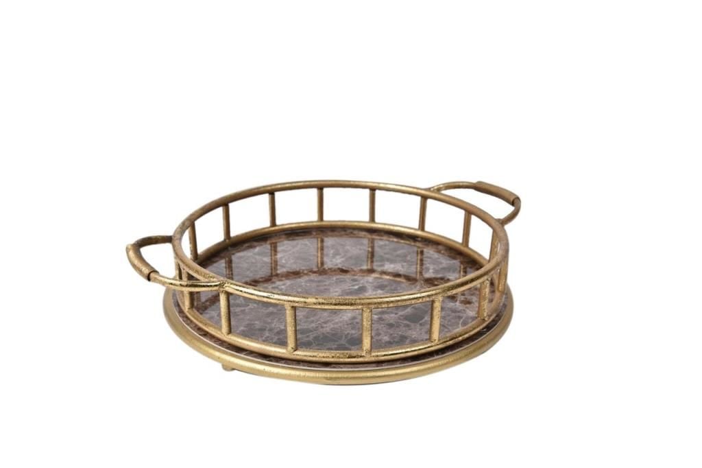 ALTIN KOYU KAHVE ESKİTME YUVARLAK TEPSİ 35cm