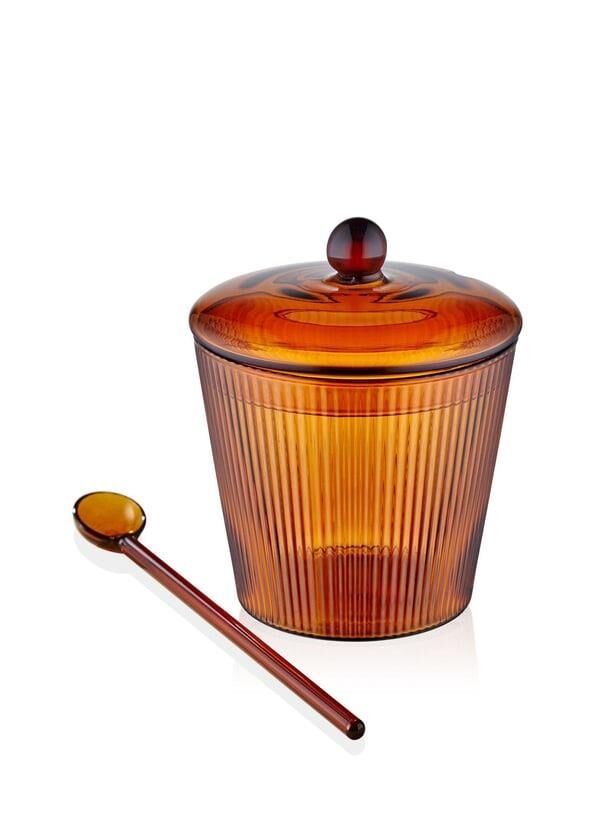 STRİPED AMBER BOROSİLİKAT CAM KAŞIKLI ŞEKERLİK 10X12CM