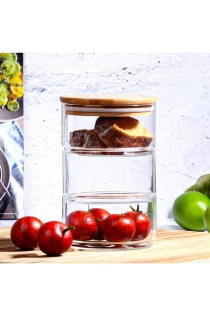ÜFLEME CAM BAMBU KAPAK 3'LÜ SAKLAMA KABI