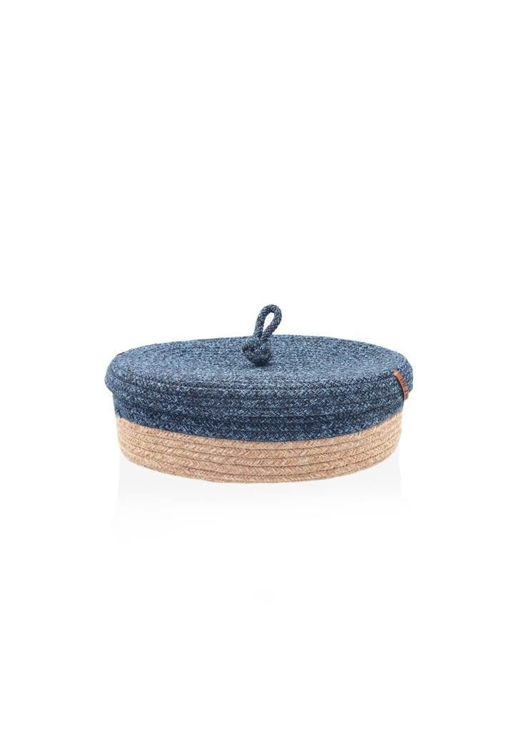LACİVERT BAMBU JÜT OVAL KAPAKLI SEPET 35X24X12CM
