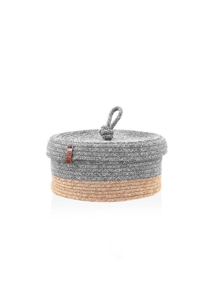 GRİ BAMBU JÜT YUVARLAK KAPAKLI SEPET 25X15CM