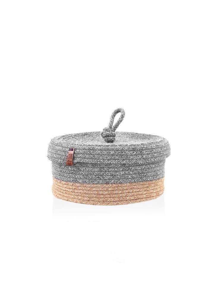 GRİ BAMBU JÜT YUVARLAK KAPAKLI SEPET 25X15CM
