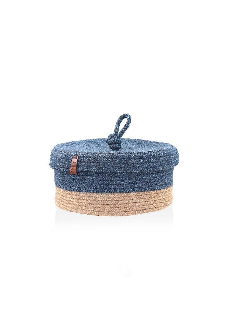LACİVERT BAMBU JÜT YUVARLAK KAPAKLI SEPET 25X15CM