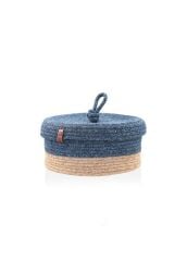 LACİVERT BAMBU JÜT YUVARLAK KAPAKLI SEPET 25X15CM