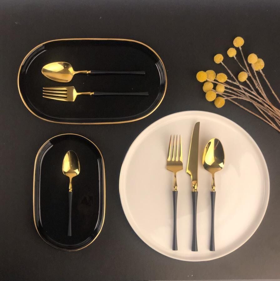 SİYAH PARLAK ALTIN 36 PARÇA ÇATAL KAŞIK BIÇAK SETİ