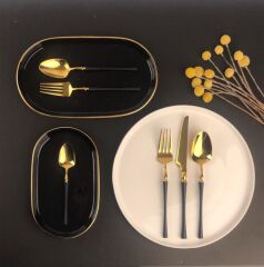SİYAH PARLAK ALTIN 36 PARÇA ÇATAL KAŞIK BIÇAK SETİ