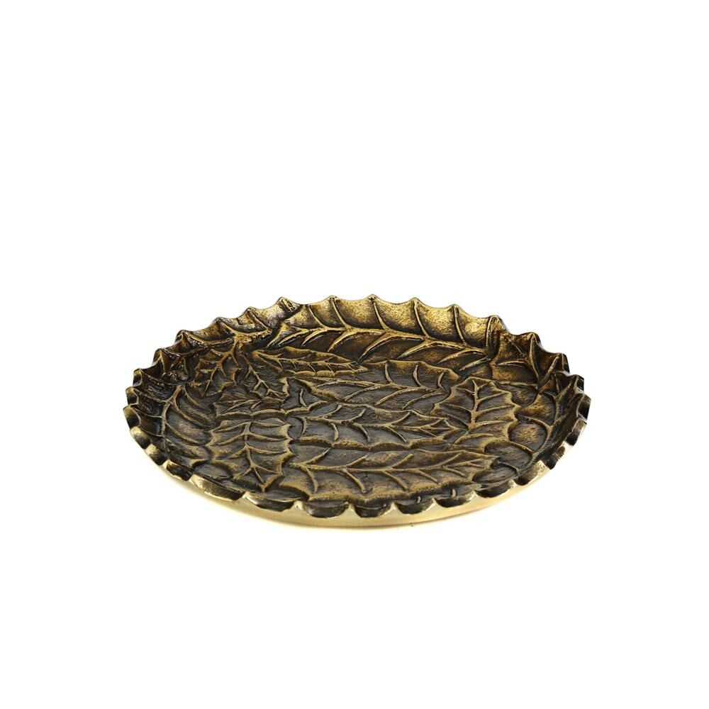 ALTIN ESKİTME YUVARLAK YAPRAK DEKORATİF TABAK 23CM