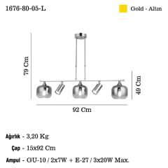RAZNO ALTIN 3+2 SIRALI AVİZE 2XGU10+3XE27