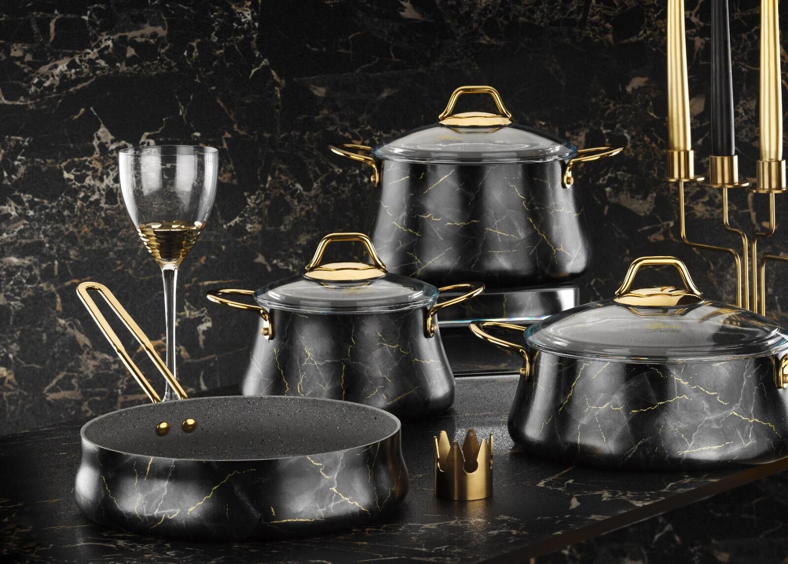 SİYAH MERMER 7 PARÇA TENCERE SETİ