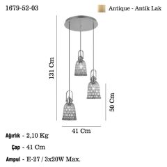 NATURA ANTİK LAK 3'LÜ AVİZE 3XE27