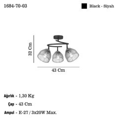 VADAR SİYAH 3'LÜ AVİZE 3XE27
