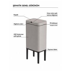 KOBOS SENSÖRLÜ AYAKLI ÇÖP KOVASI AÇIK GRİ 9LT