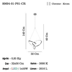MOCCO KROM LEDLİ AVİZE 50W 3000K