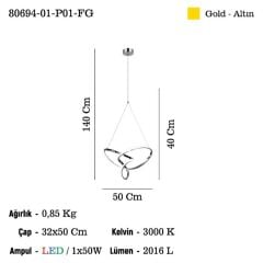 MOCCO ALTIN LEDLİ AVİZE 50W 3000K