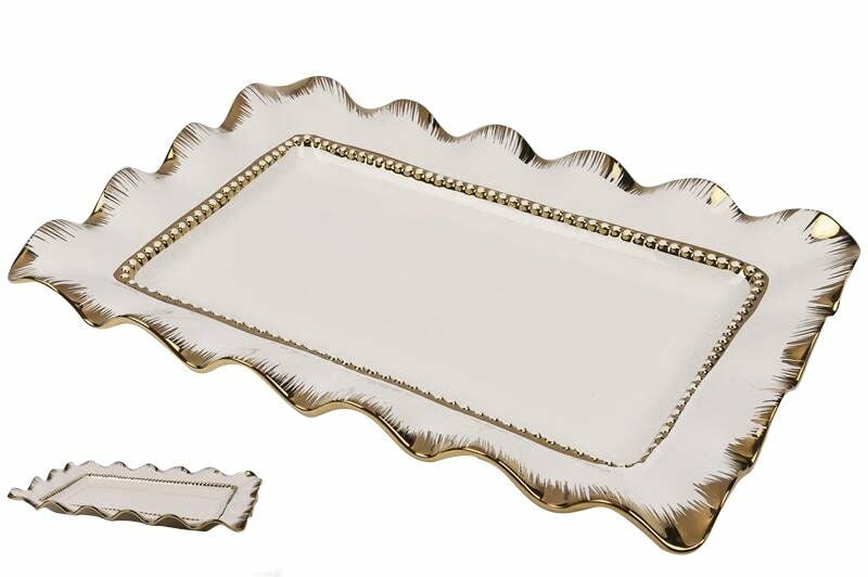 BEYAZ-ALTIN DİKDÖRTGEN SERVİS TABAK 46 cm