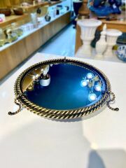 ALTIN ESKİTME ZİNCİR AYAKLI AYNALI YUVARLAK TEPSİ 40CM