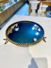 ALTIN ESKİTME ÇİÇEK AYAKLI AYNALI YUVARLAK TEPSİ 38CM