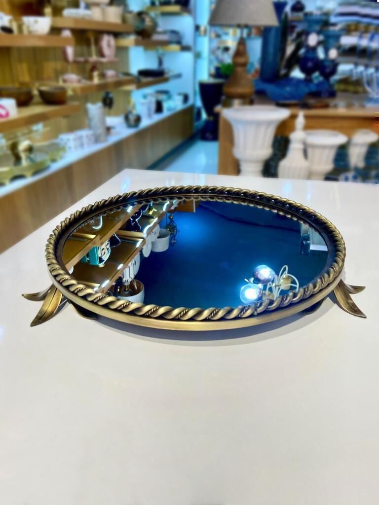 ALTIN ESKİTME ÇİÇEK AYAKLI AYNALI YUVARLAK TEPSİ 38CM