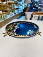 ALTIN ESKİTME ÇİÇEK AYAKLI AYNALI YUVARLAK TEPSİ 38CM