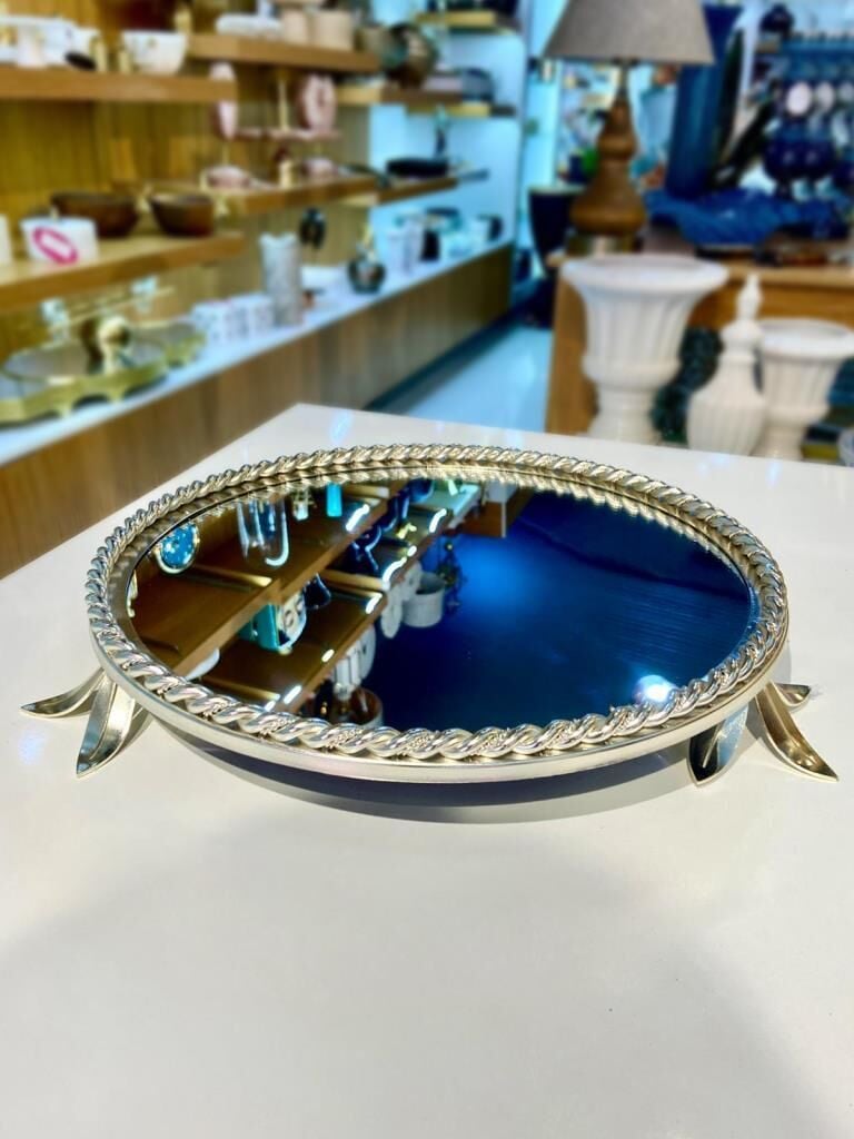 GÜMÜŞ ÇİÇEK AYAKLI AYNALI YUVARLAK TEPSİ 38CM