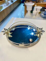 GÜMÜŞ ÇİÇEKLİ AYNALI YUVARLAK TEPSİ 35X45CM