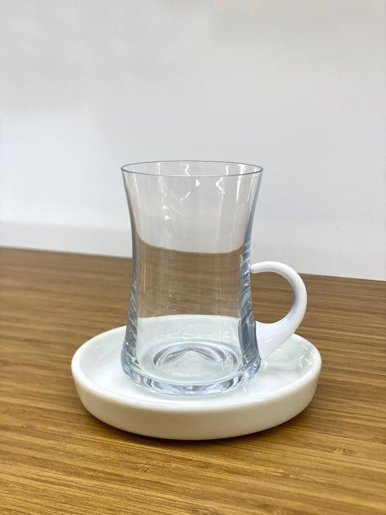 KOLEKSİYON TİRYAKİ KULPLU BEYAZ ÇAY SETİ 6 KİŞİLİK