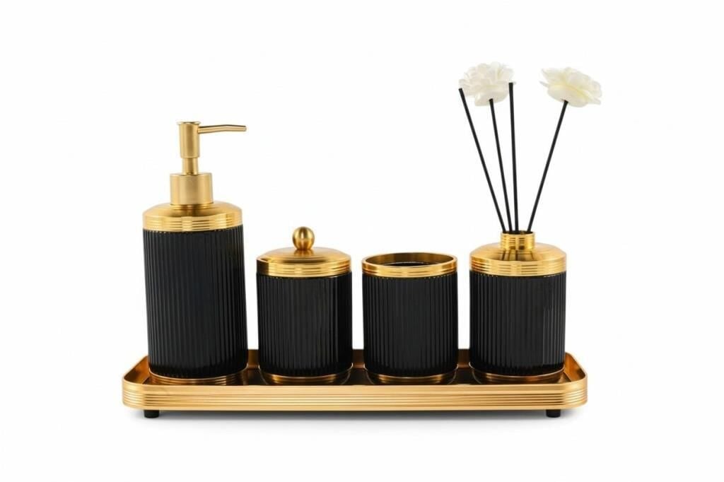ASTRA SİYAH ALTIN TEPSİLİ 5 PARÇA BANYO SETİ