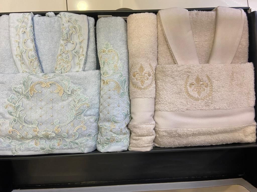 LUCCA BAMBU DANTELLİ NAKIŞLI AİLE BORNOZ SETİ MİNT/BEJ