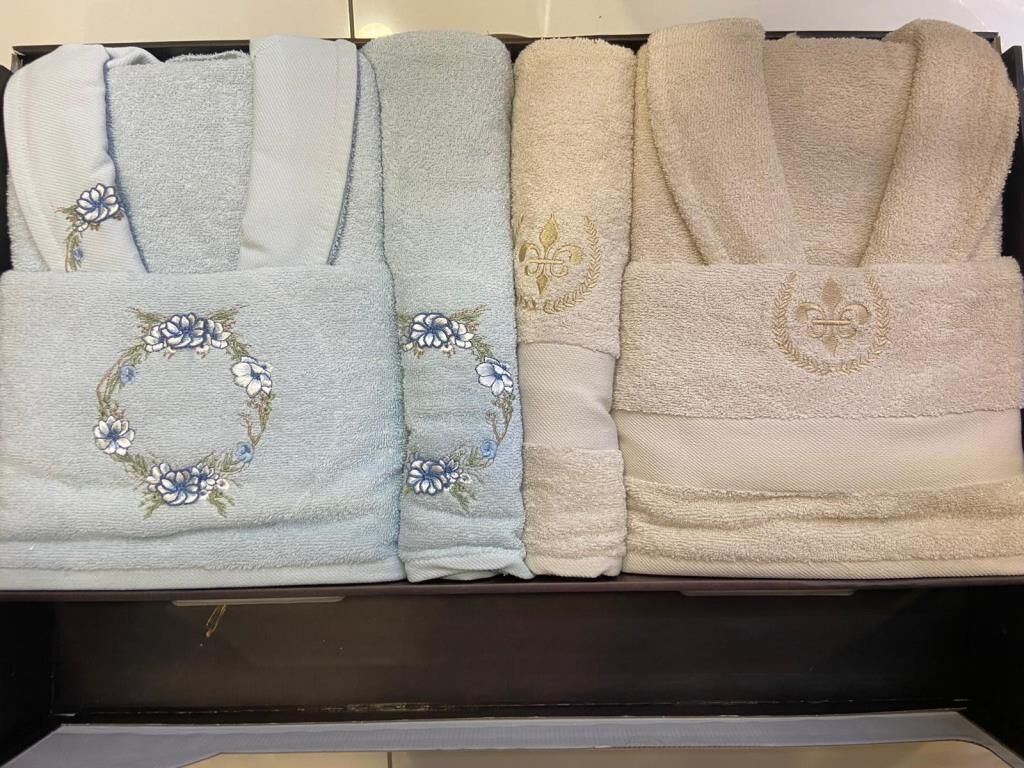 ADORA BAMBU NAKIŞLI 3D AİLE BORNOZ SETİ MİNT/BEJ