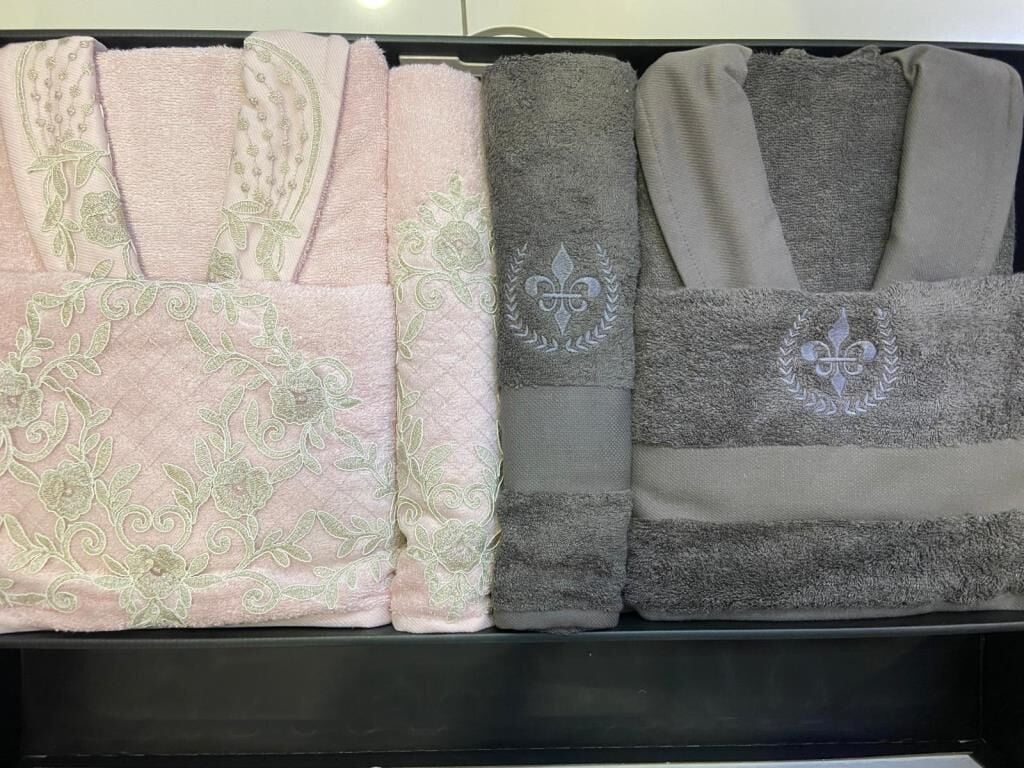 ELSA BAMBU DANTELLİ NAKIŞLI AİLE BORNOZ SETİ PUDRA/GRİ