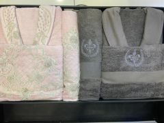 ELSA BAMBU DANTELLİ NAKIŞLI AİLE BORNOZ SETİ PUDRA/GRİ