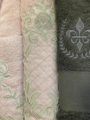 ELSA BAMBU DANTELLİ NAKIŞLI AİLE BORNOZ SETİ PUDRA/GRİ