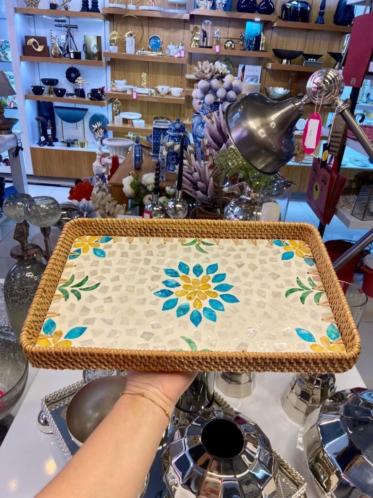 SARI MAVİ ÇİÇEK DESEN RATTAN TEPSİ 38X24CM