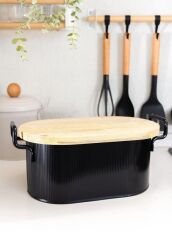STRİPE SİYAH AHŞAP KAPAKLI EKMEK KUTUSU 40CM